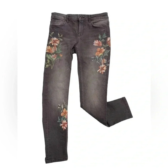Zara Ankle Floral  Skinny Low Rise Grey Jeans Size 4 - Picture 2 of 10